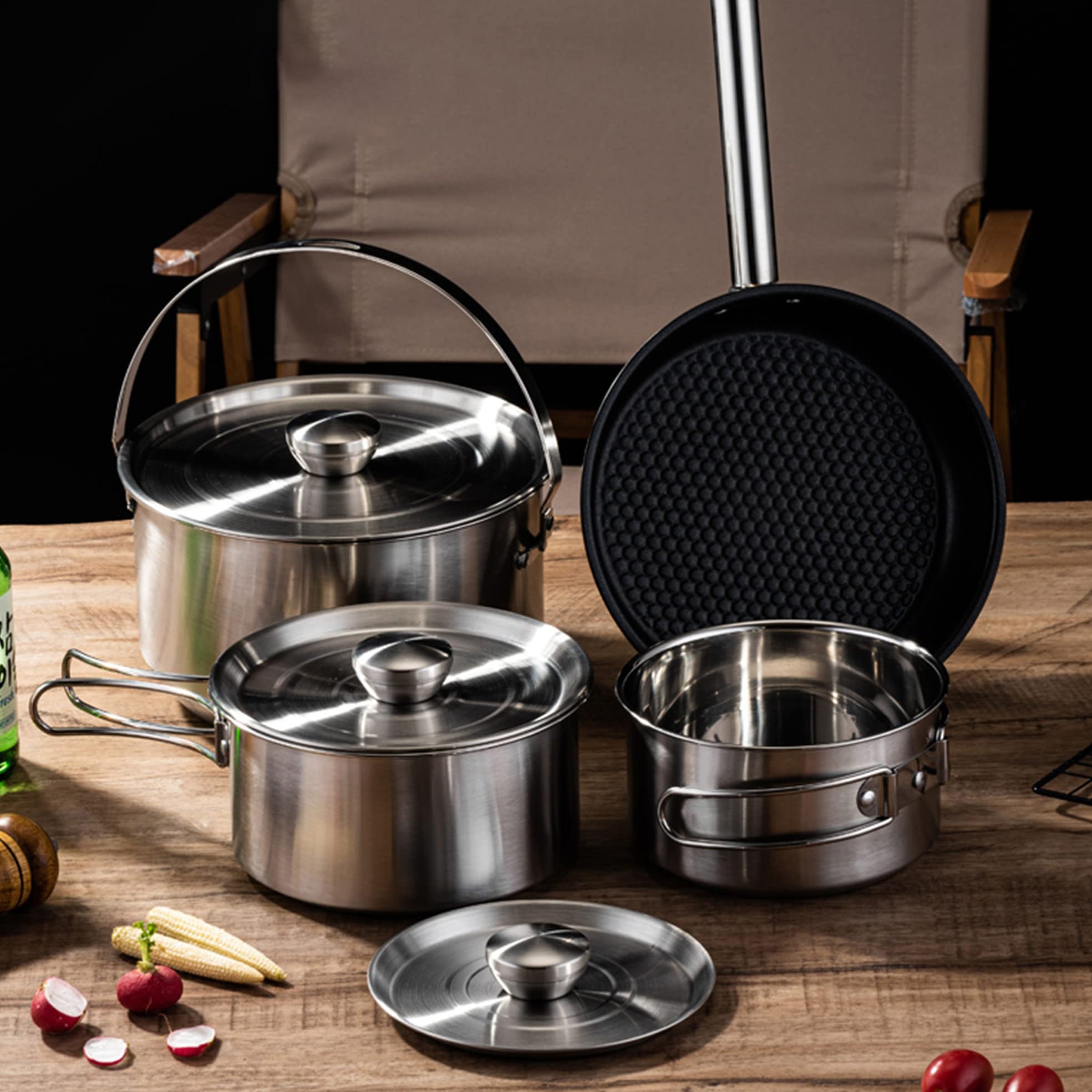 5 Piece Stainless Steel Camping Cookware Set with Skillet and Carry Bag for 4 to 8 People