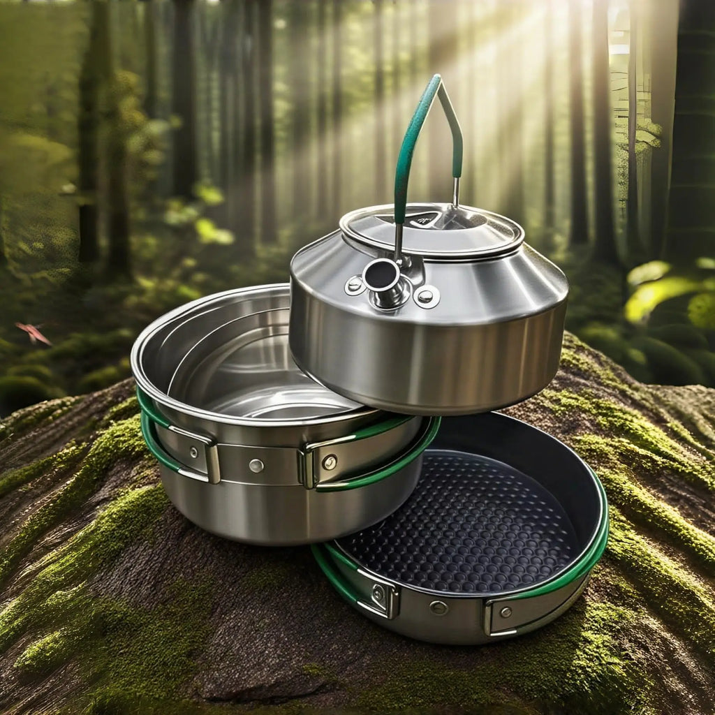Stainless Steel Camping Cookware Set with Frying Pan Saucepan and Kettle for 2 to 4 People Ilovecarlins