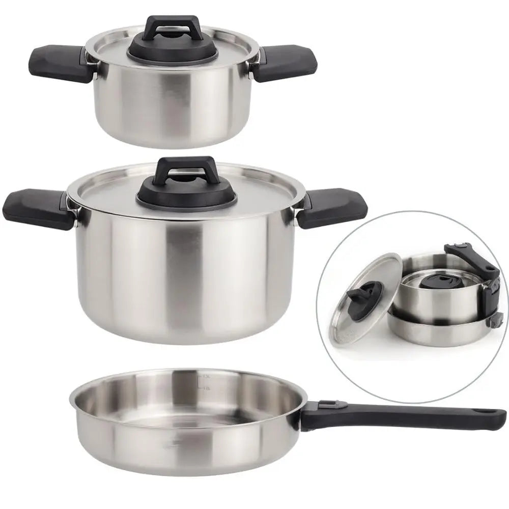 6 Piece Stainless Steel Nesting Camping Cookware Set with Detachable Handle for 2 to 4 People Ilovecarlins