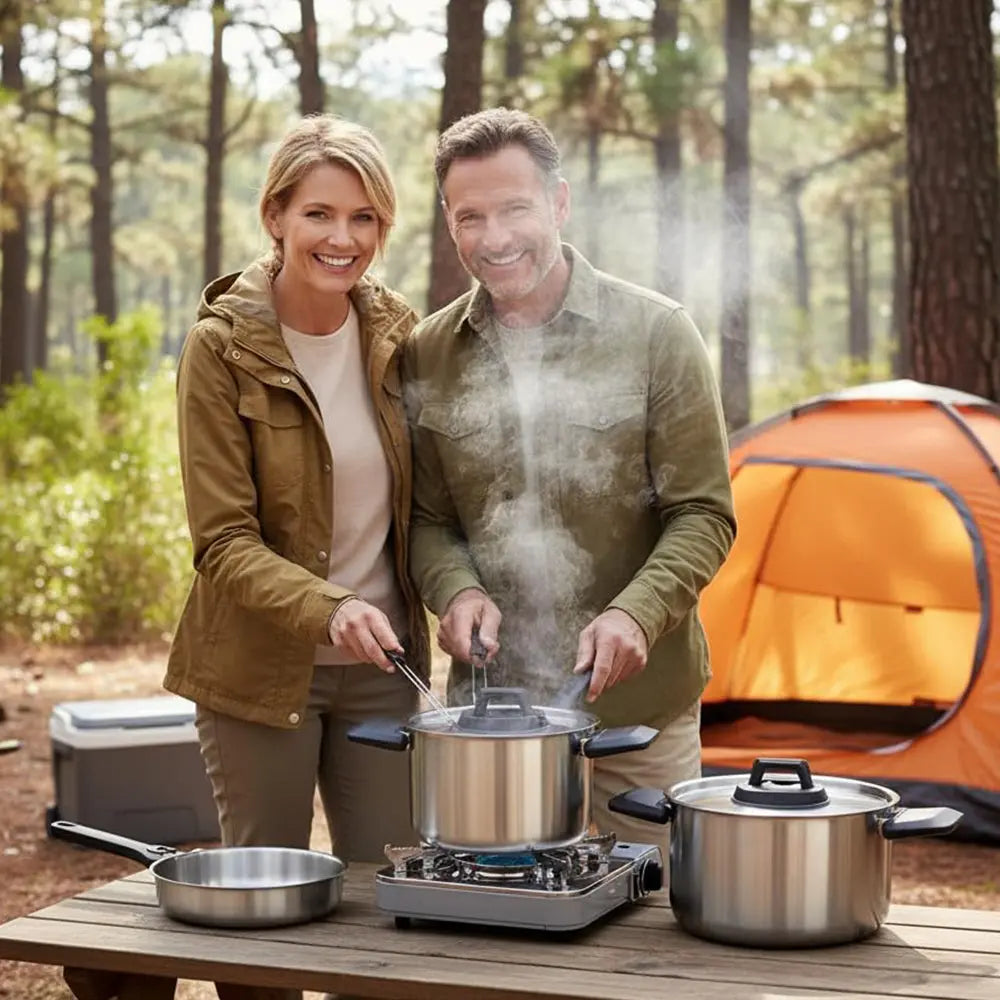 6 Piece Stainless Steel Nesting Camping Cookware Set with Detachable Handle for 2 to 4 People Ilovecarlins