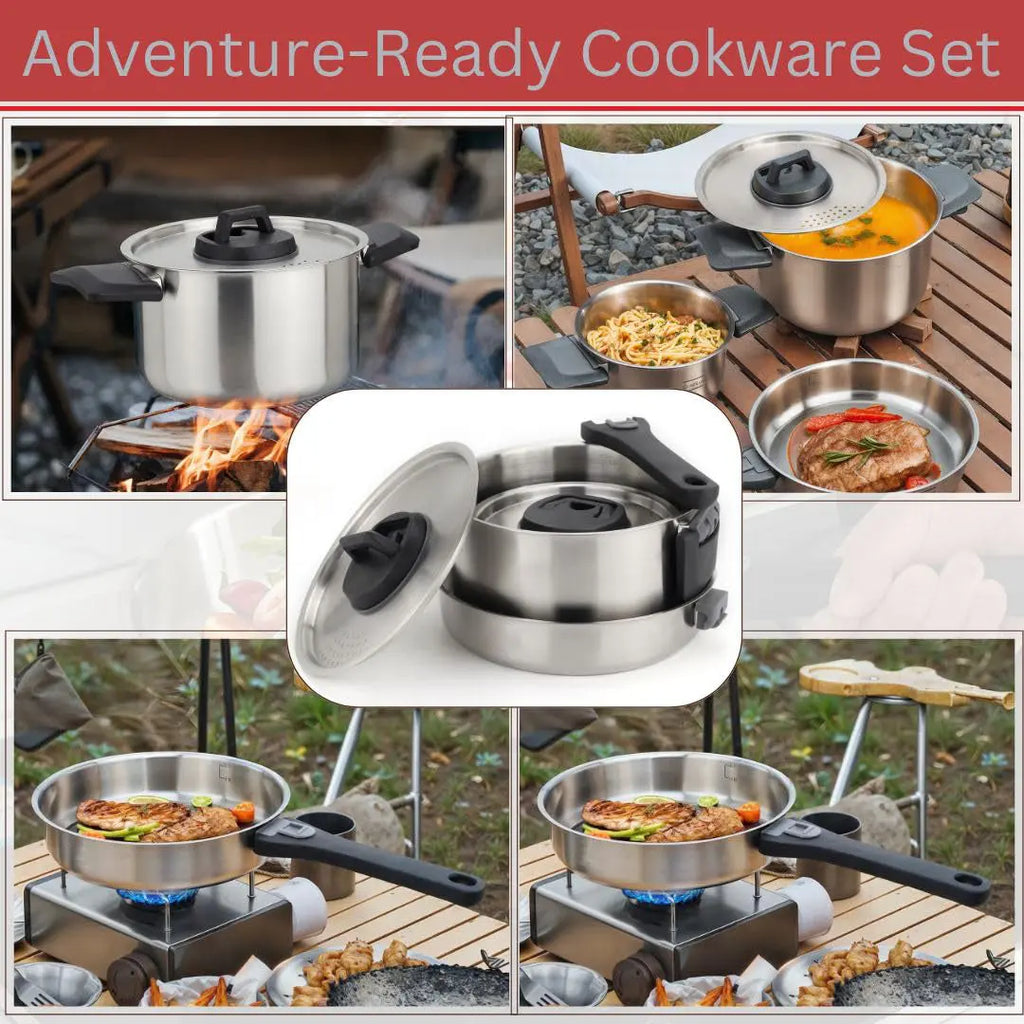 6 Piece Stainless Steel Nesting Camping Cookware Set with Detachable Handle for 2 to 4 People Ilovecarlins