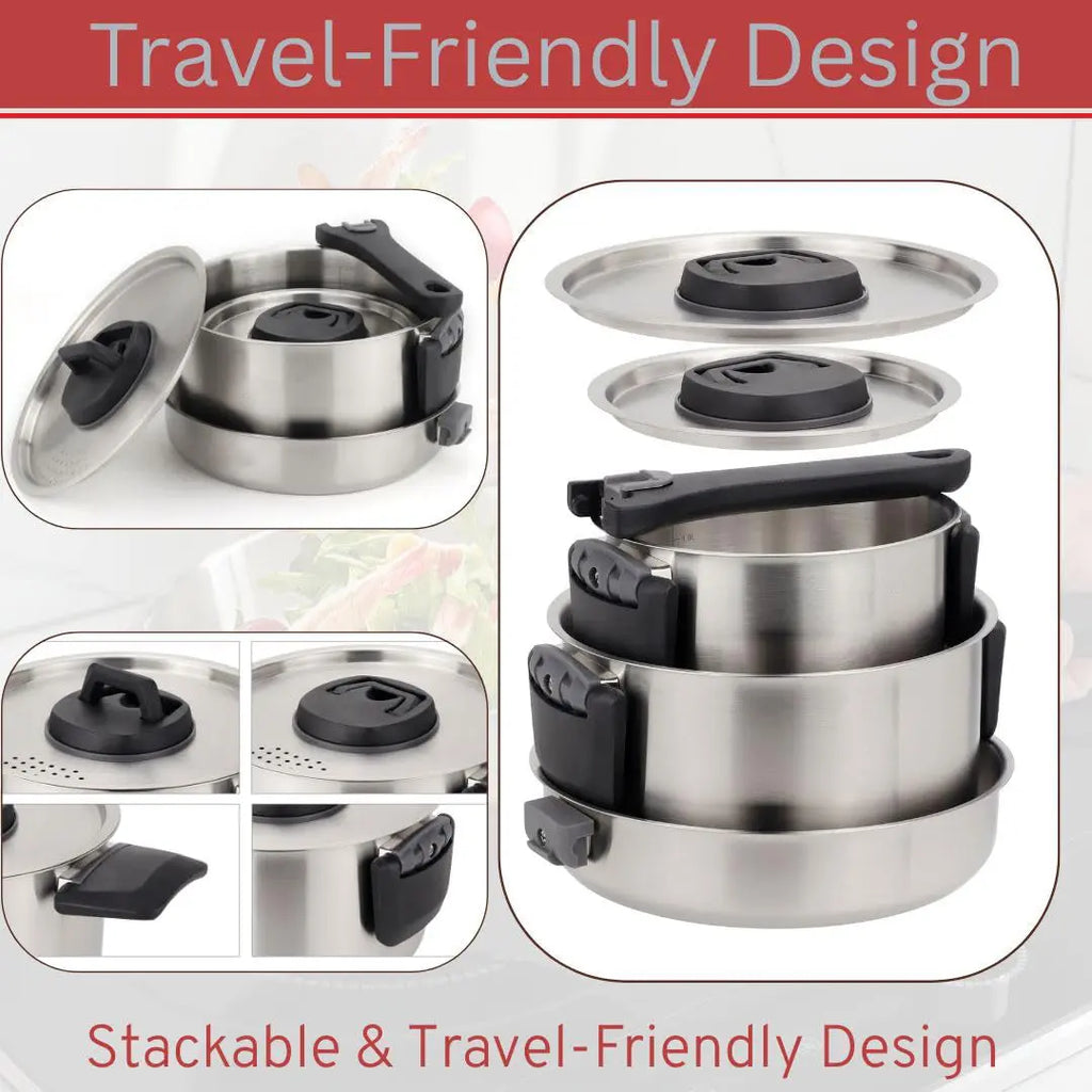 6 Piece Stainless Steel Nesting Camping Cookware Set with Detachable Handle for 2 to 4 People Ilovecarlins