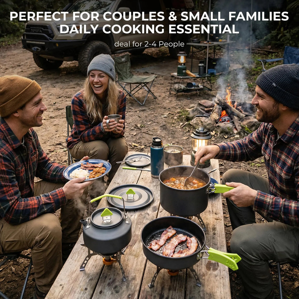 4 Piece Lightweight Aluminum Camping Cookware Set with Kettle for 2 to 4 People Ilovecarlins