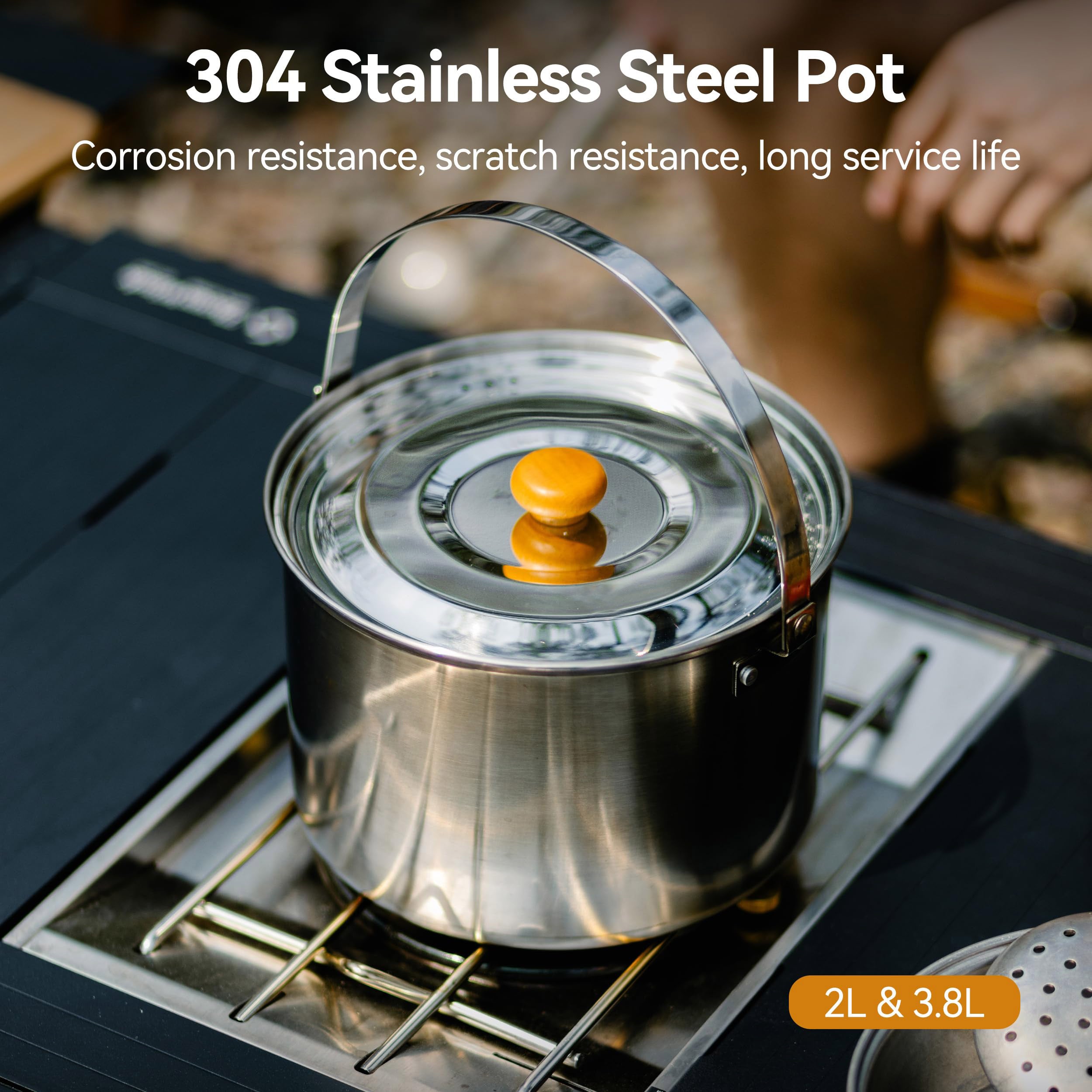 5 Piece Stainless Steel Camping Cookware Set with Frying Pan and Storage Bag for 3 to 5 People