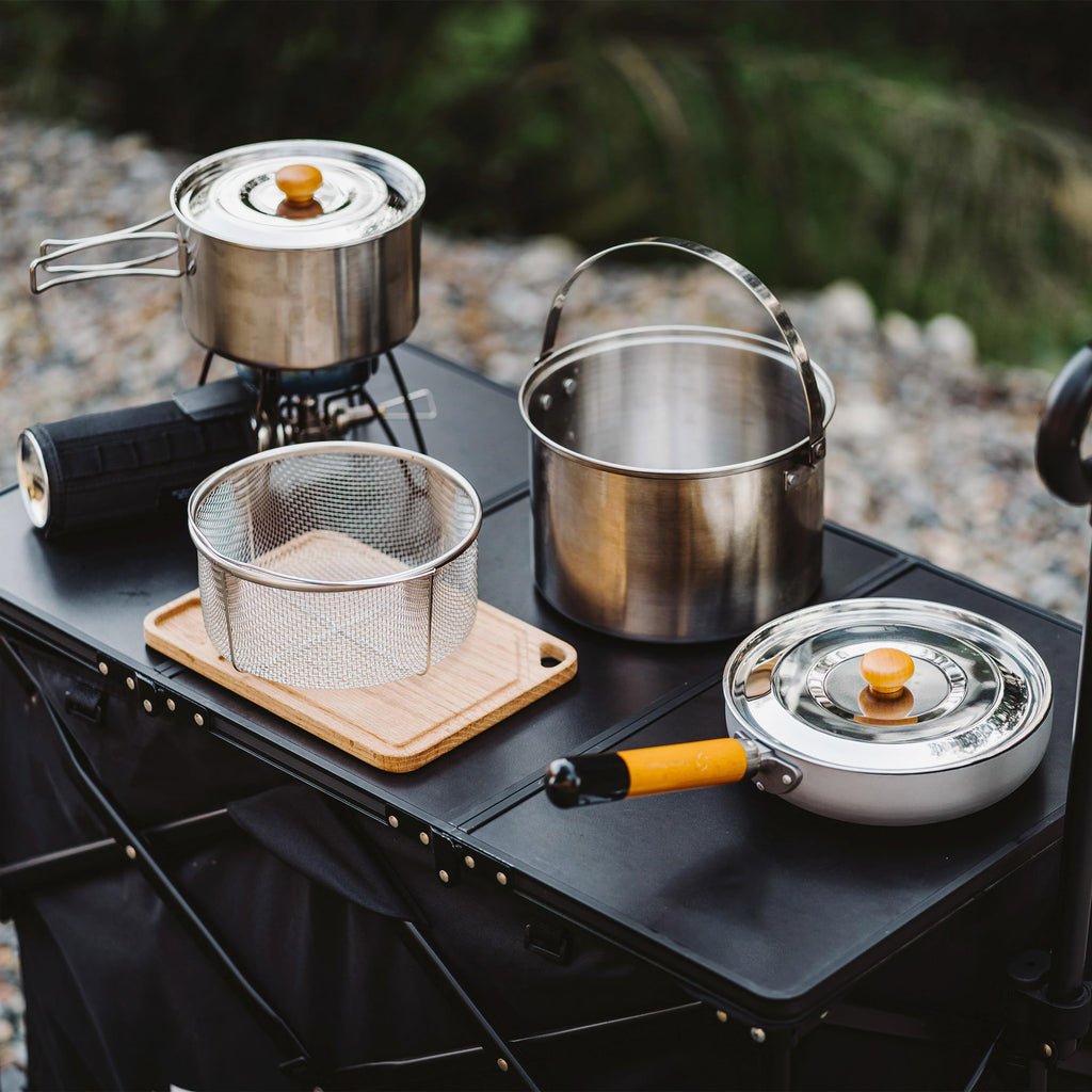 5-Piece Stainless Steel Camp Cook Set with Frying Pan and Drain Basket