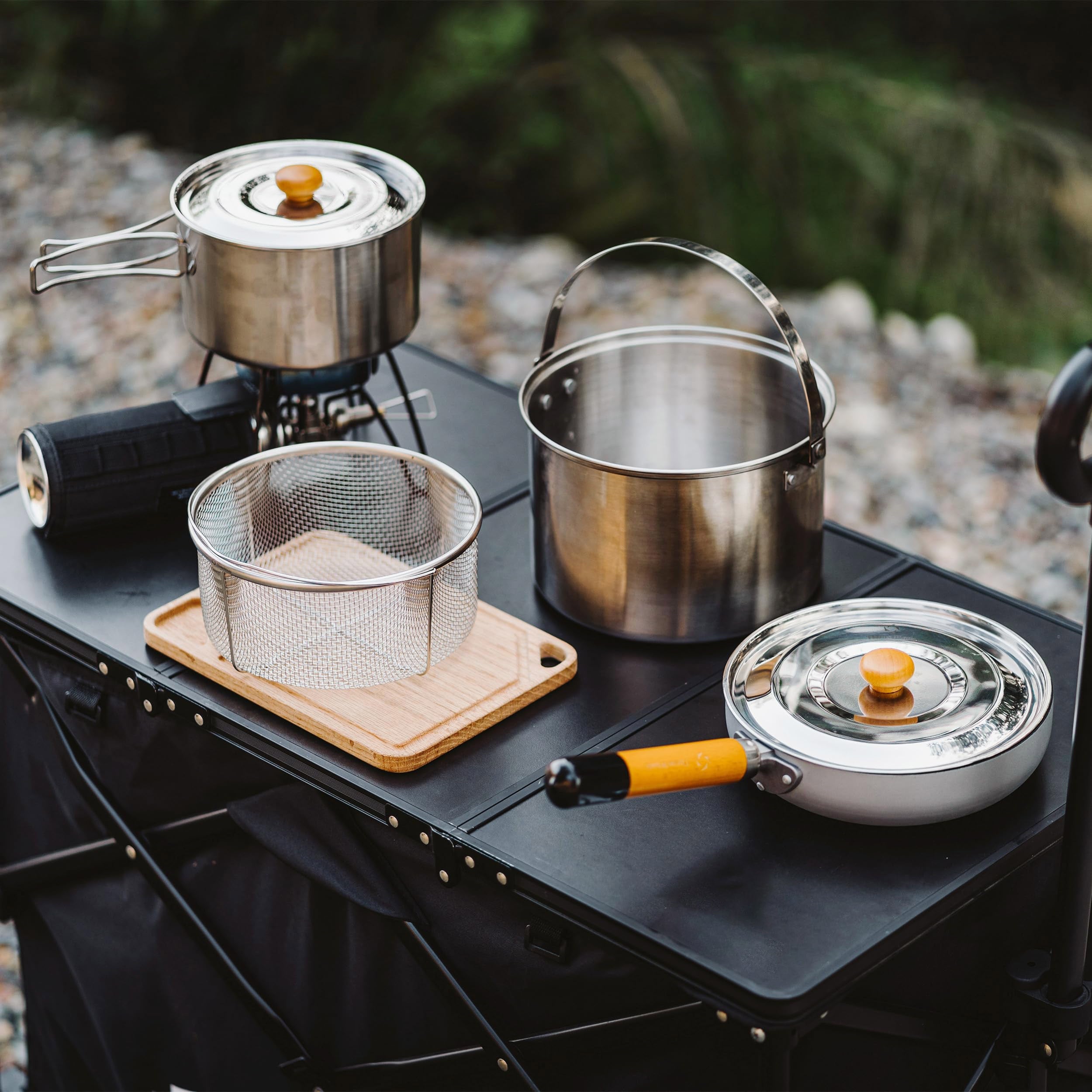 5-Piece Stainless Steel Camp Cook Set with Frying Pan and Drain Basket