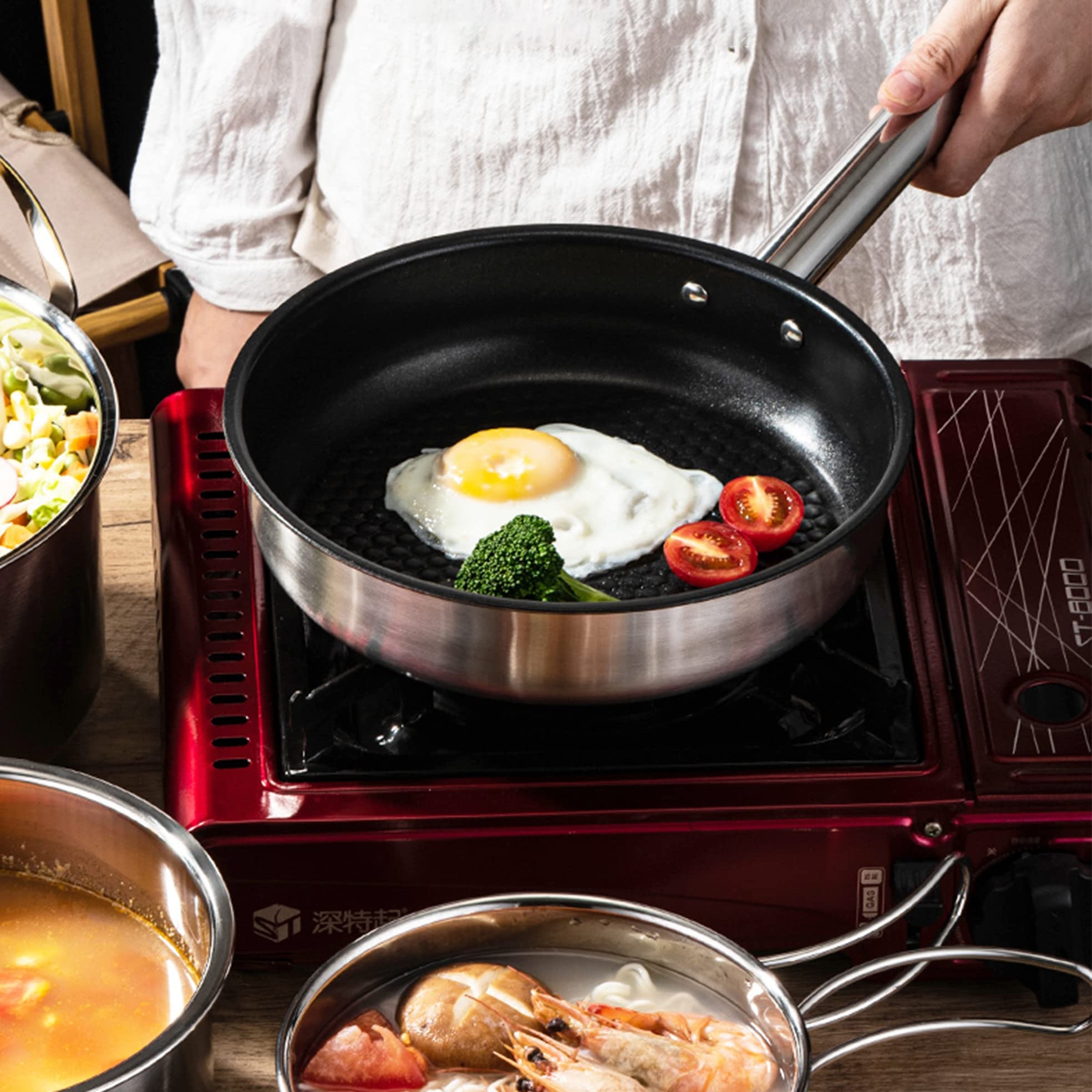 5 Piece Stainless Steel Camping Cookware Set with Skillet and Carry Bag for 4 to 8 People