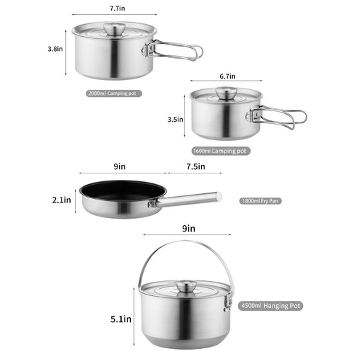 5 Piece Stainless Steel Camping Cookware Set with Skillet and Carry Bag for 4 to 8 People