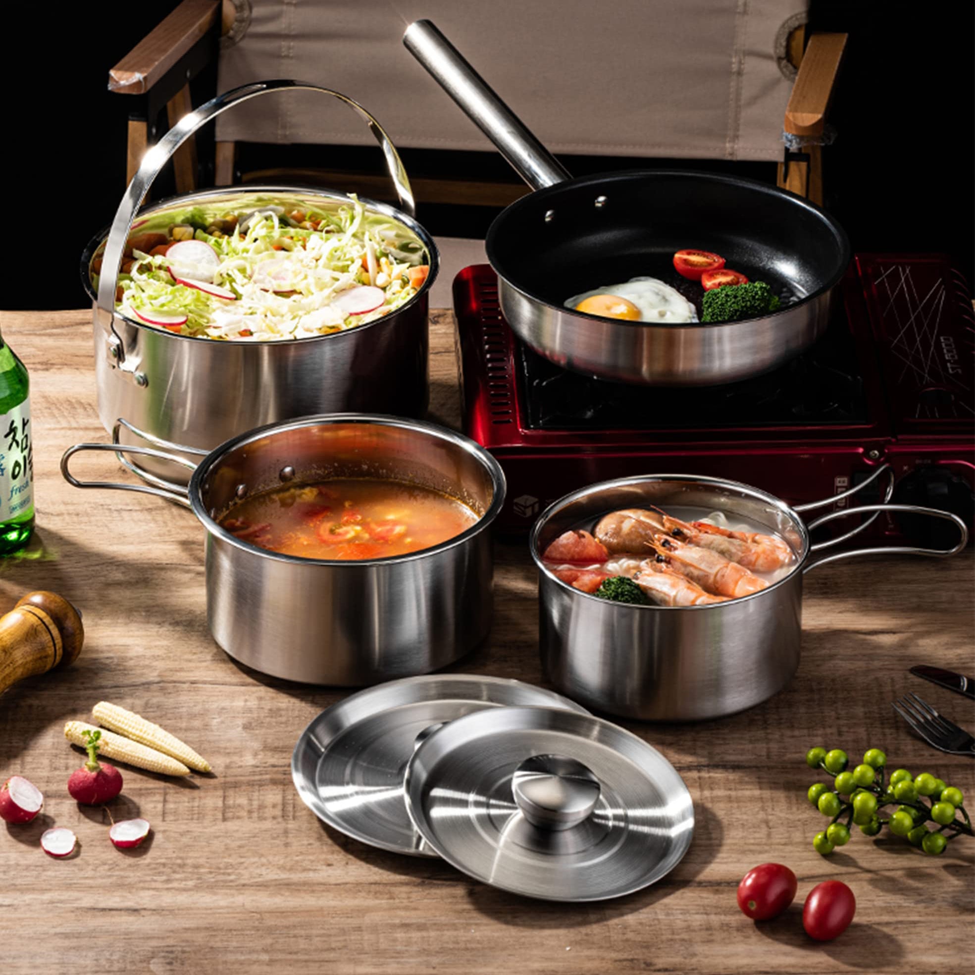 5 Piece Stainless Steel Camping Cookware Set with Skillet and Carry Bag for 4 to 8 People